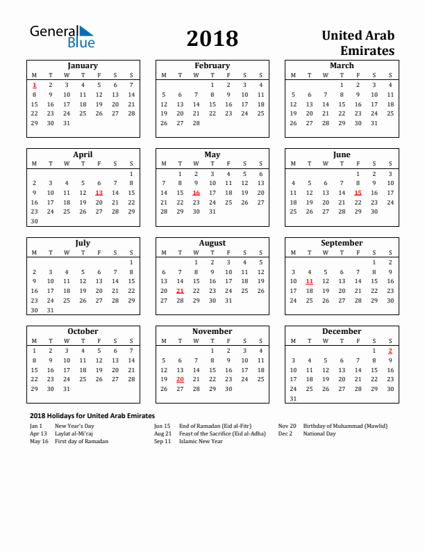 2018 United Arab Emirates Holiday Calendar - Monday Start
