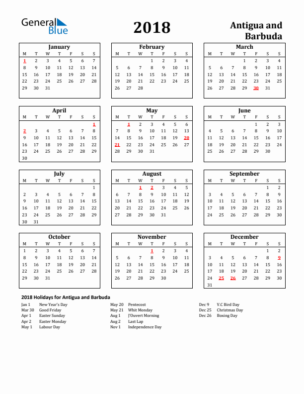 2018 Antigua and Barbuda Holiday Calendar - Monday Start
