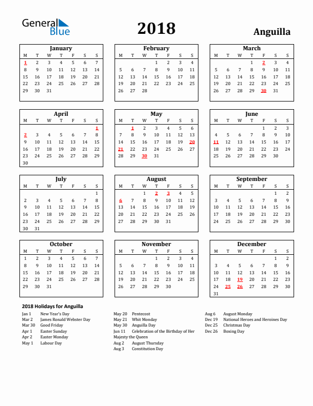 2018 Anguilla Holiday Calendar - Monday Start