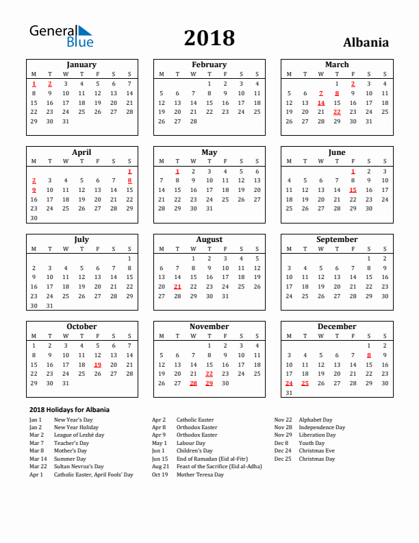2018 Albania Holiday Calendar - Monday Start