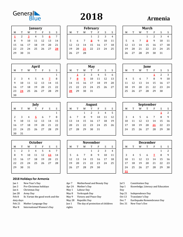 2018 Armenia Holiday Calendar - Monday Start