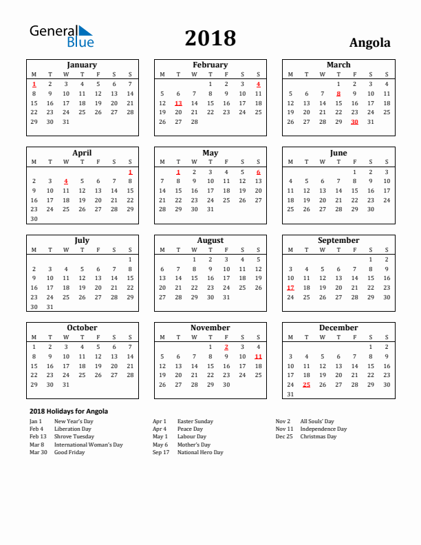 2018 Angola Holiday Calendar - Monday Start