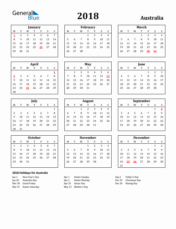 2018 Australia Holiday Calendar - Monday Start