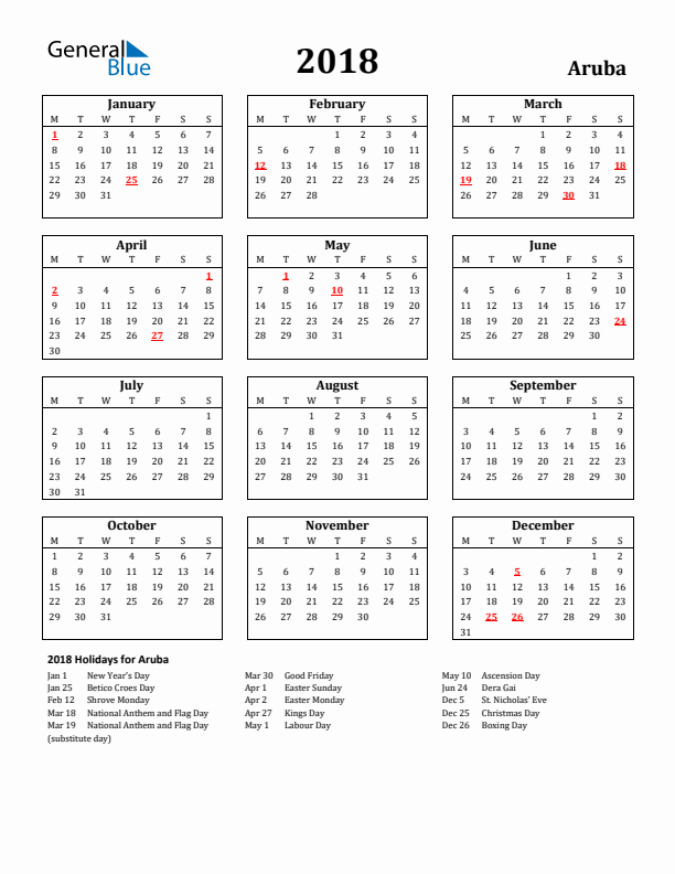 2018 Aruba Holiday Calendar - Monday Start