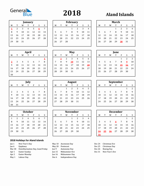 2018 Aland Islands Holiday Calendar - Monday Start