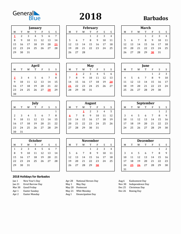 2018 Barbados Holiday Calendar - Monday Start