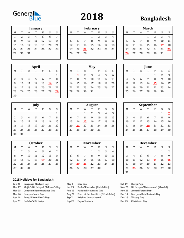 2018 Bangladesh Holiday Calendar - Monday Start