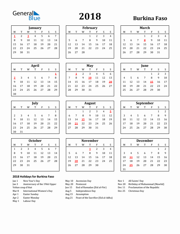 2018 Burkina Faso Holiday Calendar - Monday Start