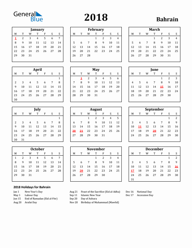 2018 Bahrain Holiday Calendar - Monday Start