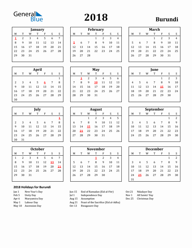 2018 Burundi Holiday Calendar - Monday Start