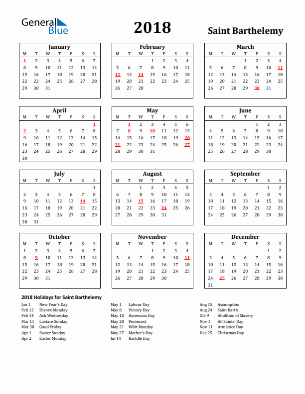 2018 Saint Barthelemy Holiday Calendar - Monday Start