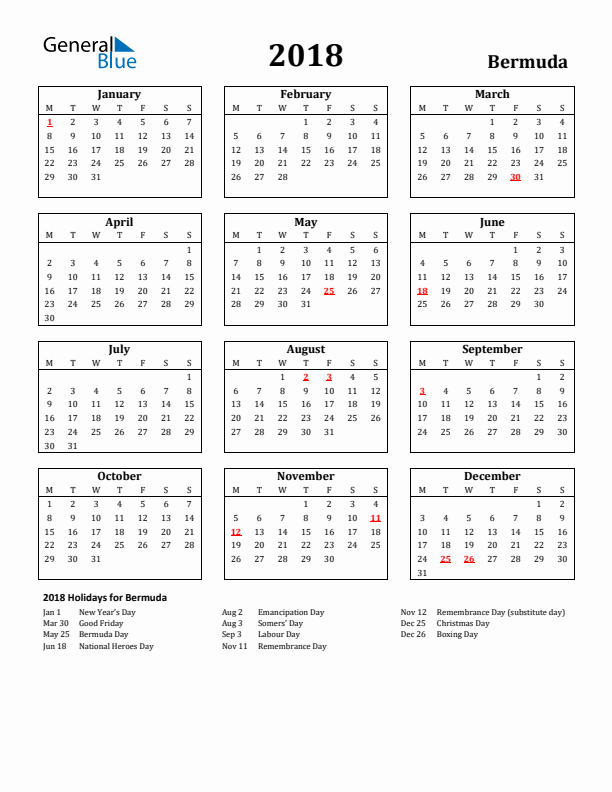 2018 Bermuda Holiday Calendar - Monday Start