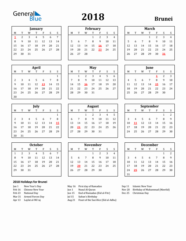 2018 Brunei Holiday Calendar - Monday Start