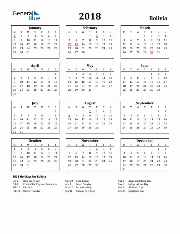 2018 Bolivia Holiday Calendar - Monday Start