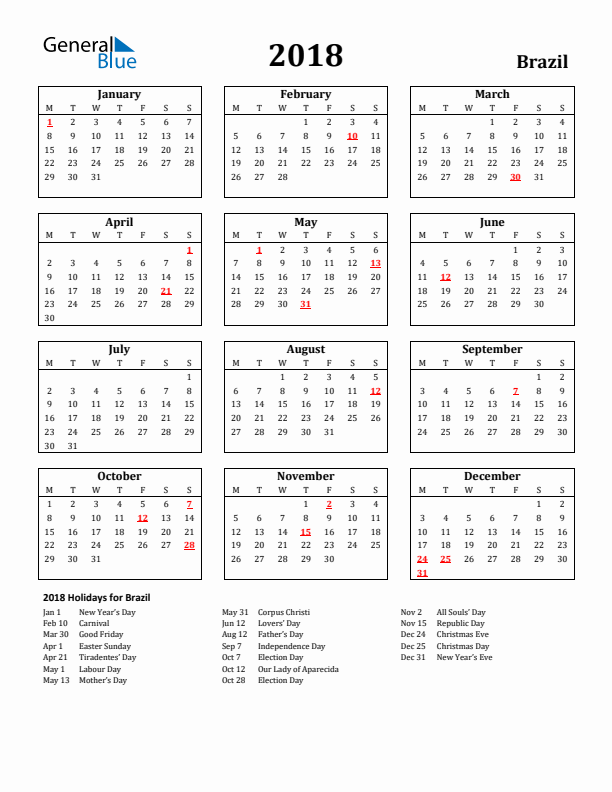2018 Brazil Holiday Calendar - Monday Start