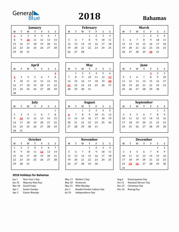 2018 Bahamas Holiday Calendar - Monday Start