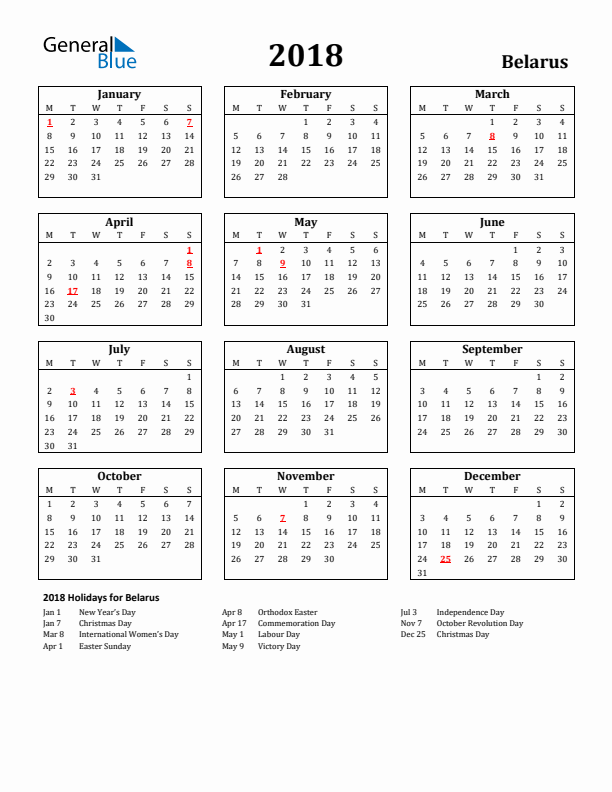 2018 Belarus Holiday Calendar - Monday Start