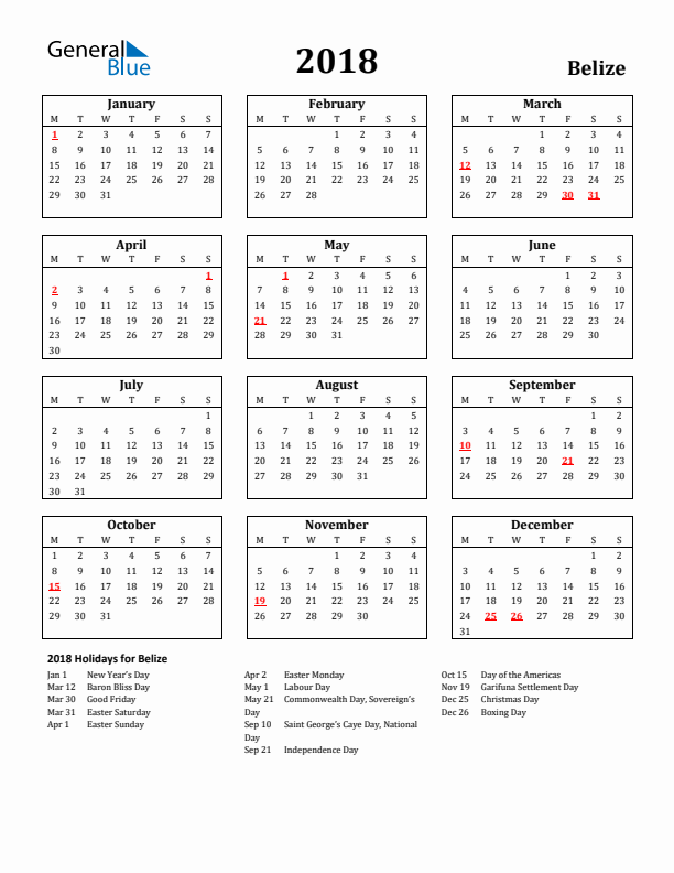 2018 Belize Holiday Calendar - Monday Start