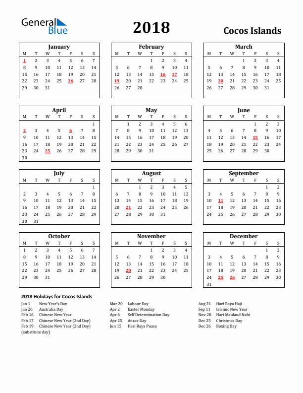 2018 Cocos Islands Holiday Calendar - Monday Start