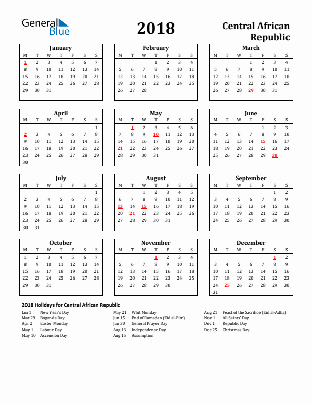 2018 Central African Republic Holiday Calendar - Monday Start