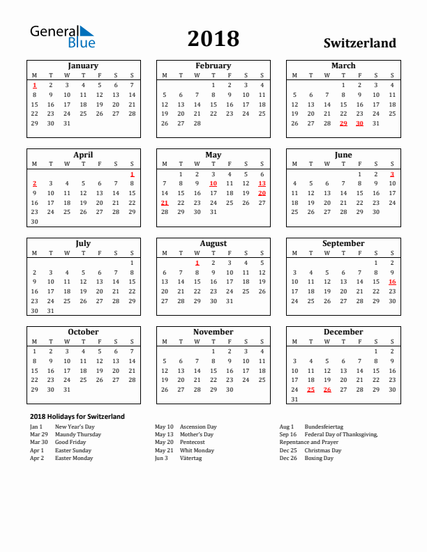 2018 Switzerland Holiday Calendar - Monday Start