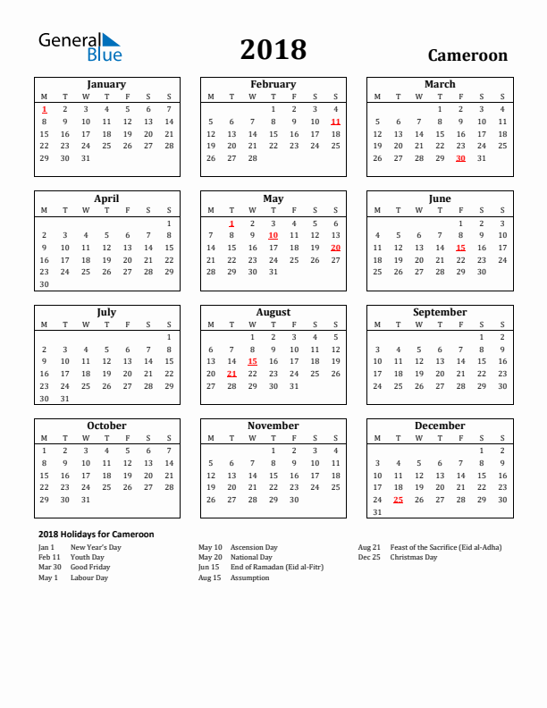 2018 Cameroon Holiday Calendar - Monday Start