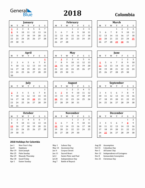 2018 Colombia Holiday Calendar - Monday Start