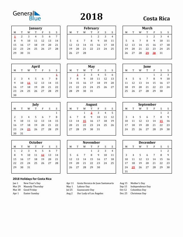 2018 Costa Rica Holiday Calendar - Monday Start
