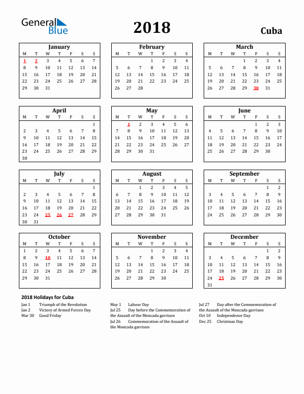 2018 Cuba Holiday Calendar - Monday Start