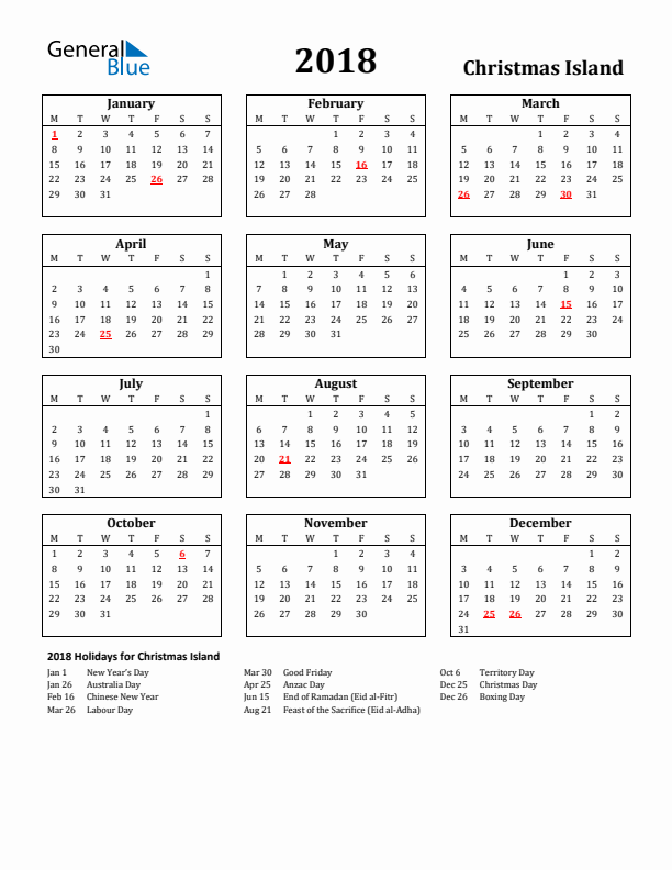 2018 Christmas Island Holiday Calendar - Monday Start