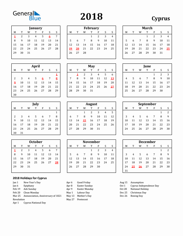 2018 Cyprus Holiday Calendar - Monday Start