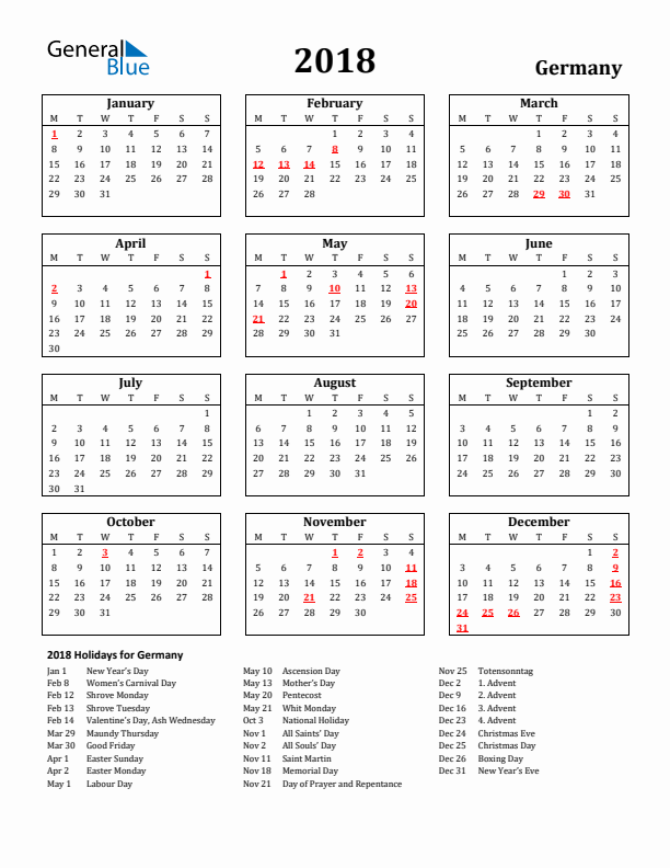 2018 Germany Holiday Calendar - Monday Start