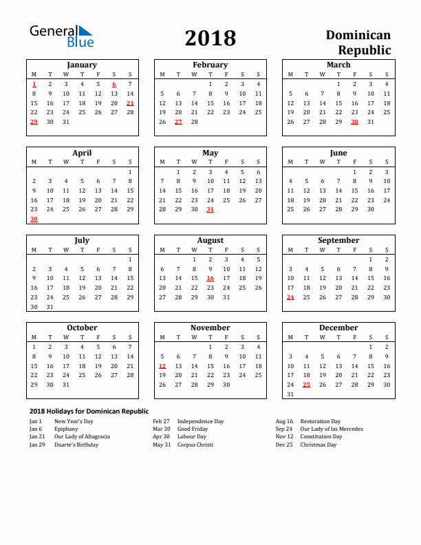 2018 Dominican Republic Holiday Calendar - Monday Start