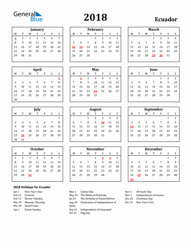2018 Ecuador Holiday Calendar - Monday Start