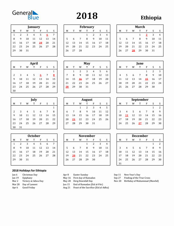 2018 Ethiopia Holiday Calendar - Monday Start