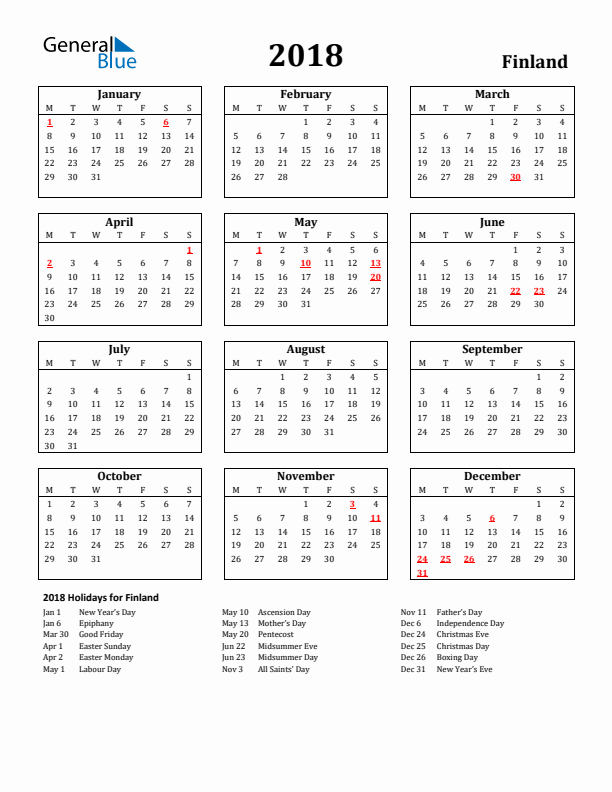 2018 Finland Holiday Calendar - Monday Start