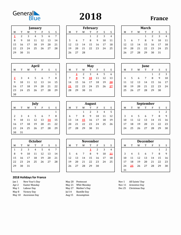 2018 France Holiday Calendar - Monday Start