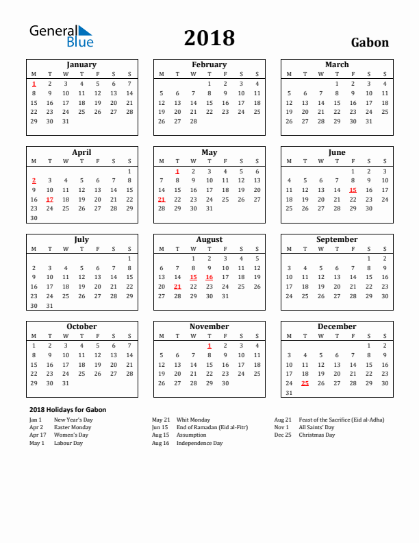 2018 Gabon Holiday Calendar - Monday Start