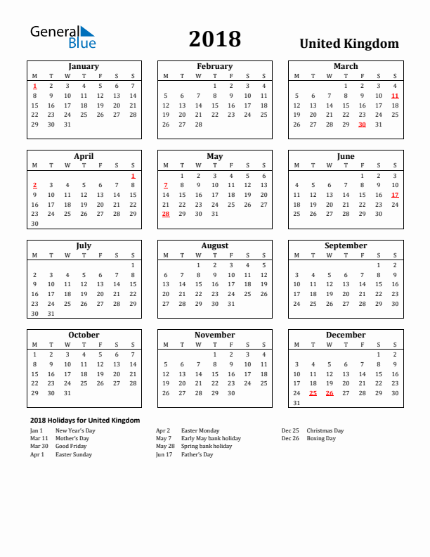 2018 United Kingdom Holiday Calendar - Monday Start