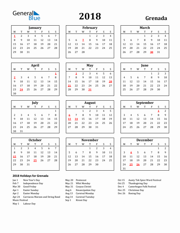 2018 Grenada Holiday Calendar - Monday Start