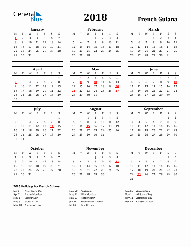 2018 French Guiana Holiday Calendar - Monday Start