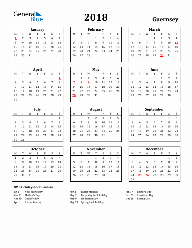 2018 Guernsey Holiday Calendar - Monday Start