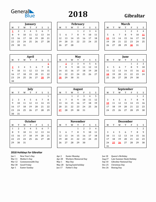 2018 Gibraltar Holiday Calendar - Monday Start
