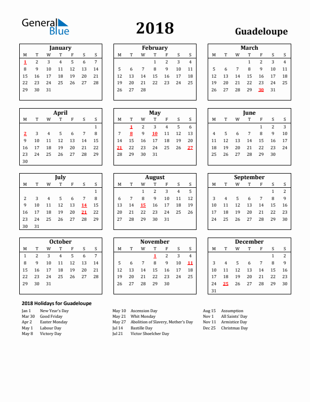 2018 Guadeloupe Holiday Calendar - Monday Start