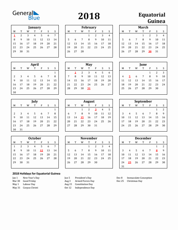 2018 Equatorial Guinea Holiday Calendar - Monday Start