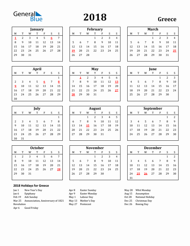 2018 Greece Holiday Calendar - Monday Start