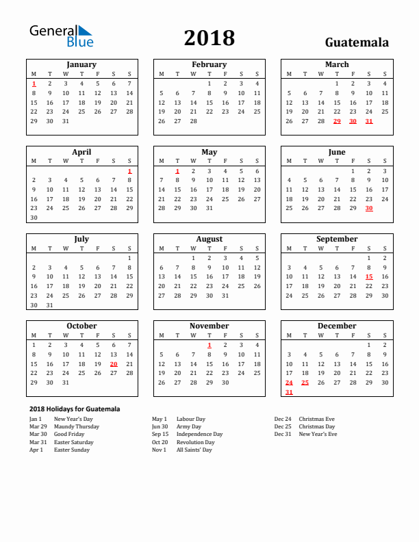 2018 Guatemala Holiday Calendar - Monday Start