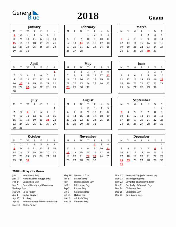 2018 Guam Holiday Calendar - Monday Start