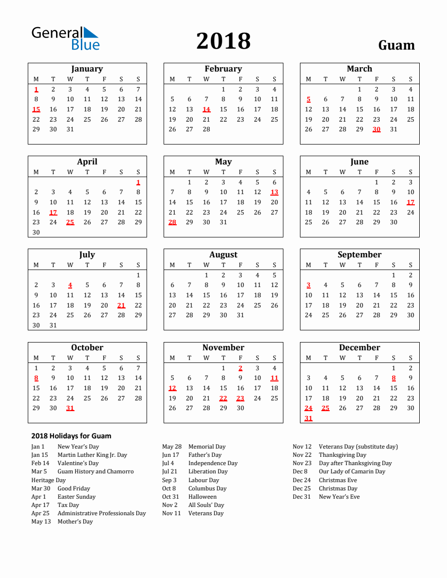 Free Printable 2018 Guam Holiday Calendar