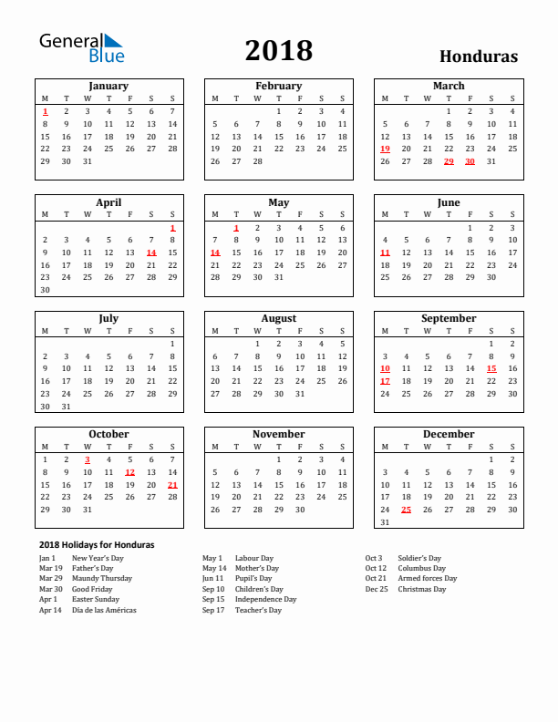 2018 Honduras Holiday Calendar - Monday Start